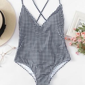 Cross Back Gingham One Piece Swimsuit